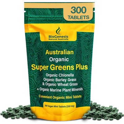 Biogenesis SuperGreens Plus Tablets  300 Count (200 mg) | Unflavored | Organic Chlorella, Wheatgrass & Barley Grass | Australian Grown | Supports Energy & Immunity | Vegan Mini Talets