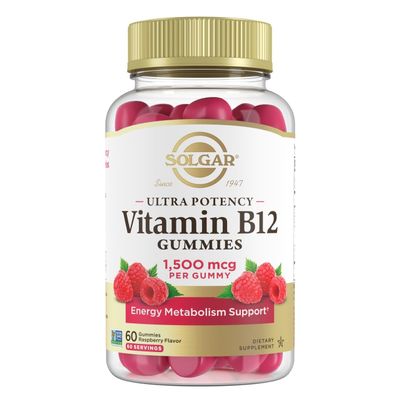 Solgar Methyl B12 Gummies for Adults 1,500mcg Ultra Potency Vitamin for Energy & Metabolism Support, Raspberry Flavor, Vegan & Gluten-Free Gummy for Women & Men, 2 Month Supply, 60 Servings, 2g Sugar
