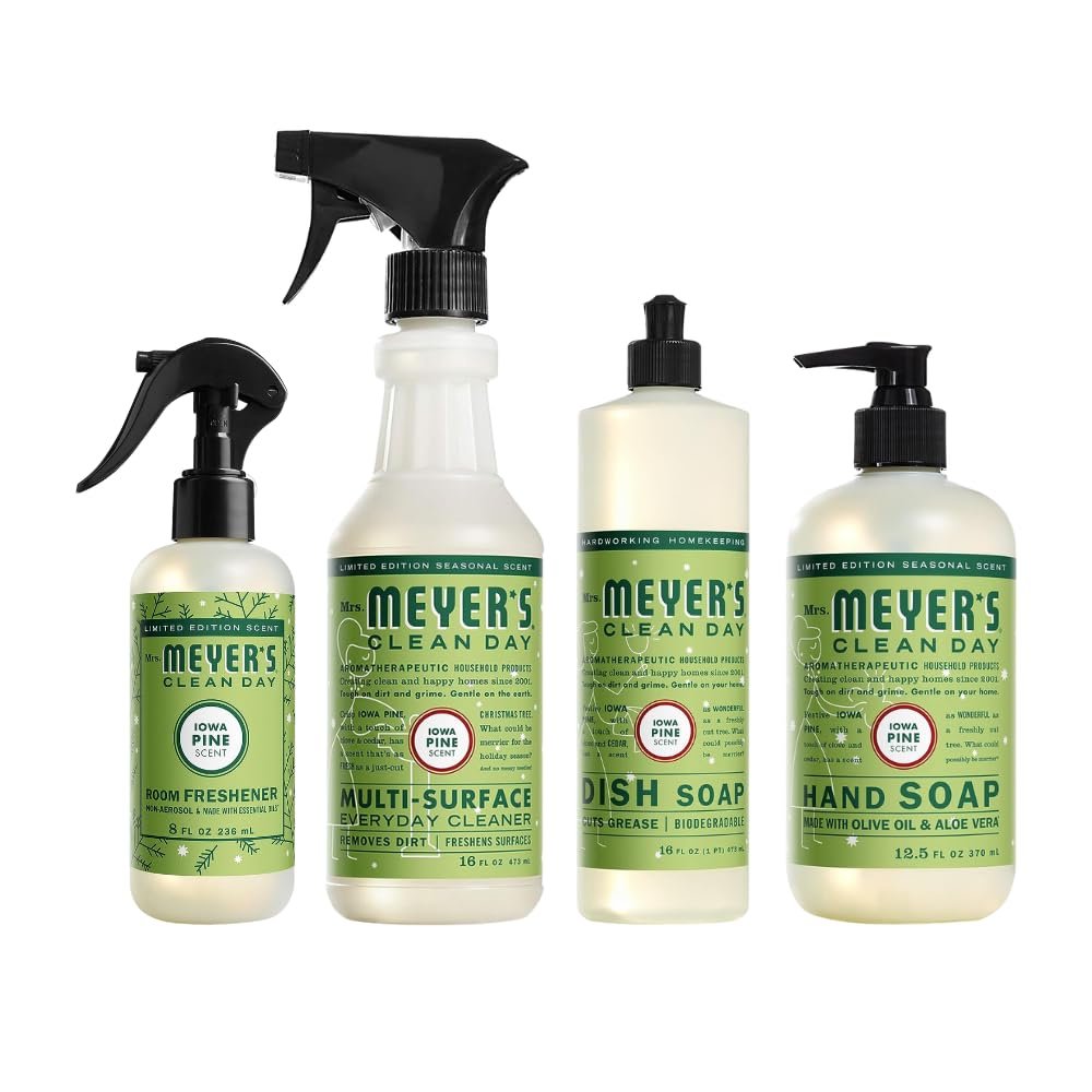 Mrs. MEYER'S CLEAN DAY 4 Pack Variety Pack, Liquid Hand Soap 12.5 FL OZ, Dish Soap 16 FL OZ, Multi-Surface Cleaner 16 FL OZ, Room Freshener 8 FL OZ, 1 CT (Iowa Pine)