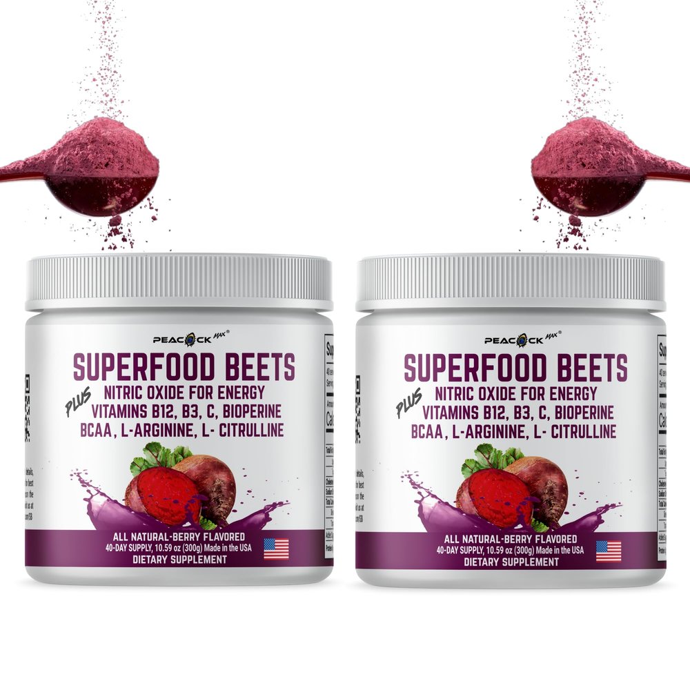 Peacock Max Superfood Beets Powder, 21.2oz 80 Servings - Beetroot Powder Organic Beet Root Blend with Green Tea & Berry Flavor, Non-GMO, Plant-Based Drink Mix