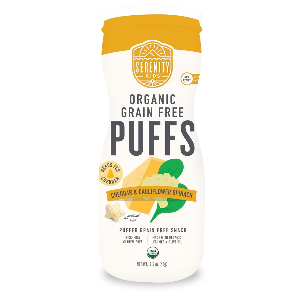 Serenity Kids 6+ Months Baby Puffs - Pack of 6, 1.5 oz, Cheddar & Cauliflower Spinach - USDA Organic Grain Free Toddler Food - Nut, Rice & Gluten Free Baby Snacks with Veggies, Legumes & Olive Oil