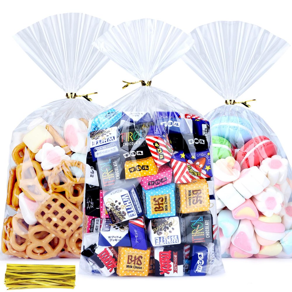 MORIDA 100pcs 6X10 inch Cellophane Bags Cellophane Treat Bags Clear Gift Bags Cake Pop Candy Cello Bags for Party Favors Goodie Favor Bakery Cookie with 5" Twist Ties