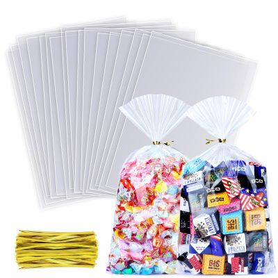 MORIDA 100pcs 7x12 inch Cellophane Treat Bags - Clear Gift, Cake Pop, Candy, Cello Bags for Party Favors & Goodie Favor Packs with 5" Twist Ties