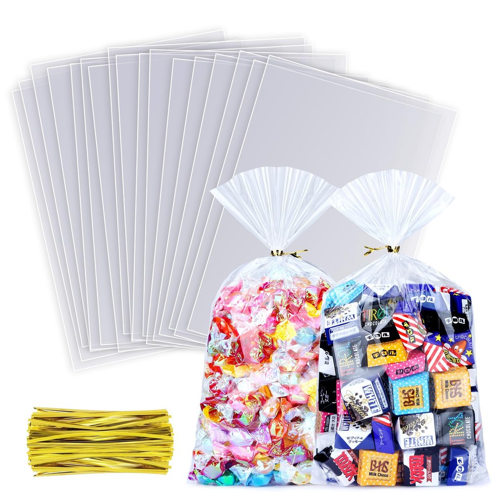 MORIDA 100pcs 7x12 inch Cellophane Treat Bags - Clear Gift, Cake Pop, Candy, Cello Bags for Party Favors & Goodie Favor Packs with 5" Twist Ties
