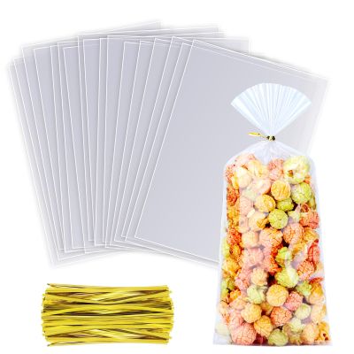 MORIDA 200pcs 5x11 inch Cellophane Treat Bags - Clear Gift & Cake Pop Bags for Parties & Goodies with 5" Twist Ties
