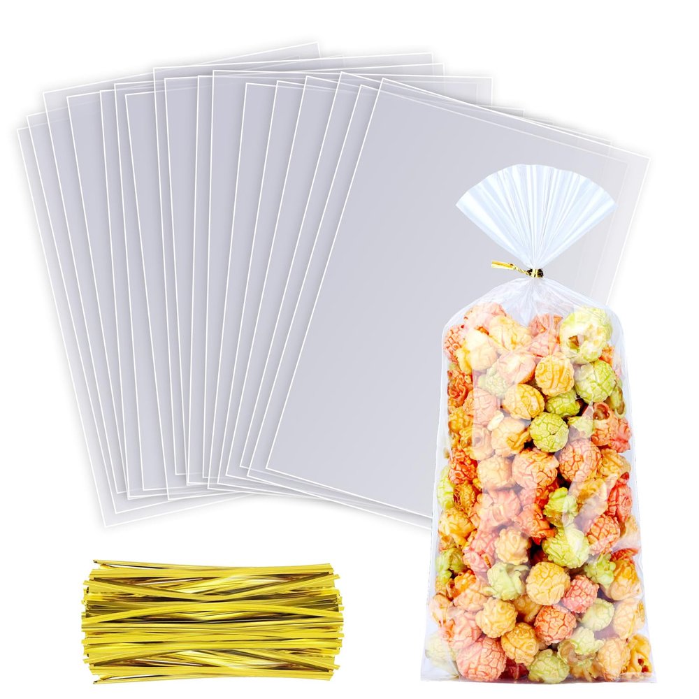 MORIDA 200pcs 5x11 inch Cellophane Treat Bags - Clear Gift & Cake Pop Bags for Parties & Goodies with 5" Twist Ties