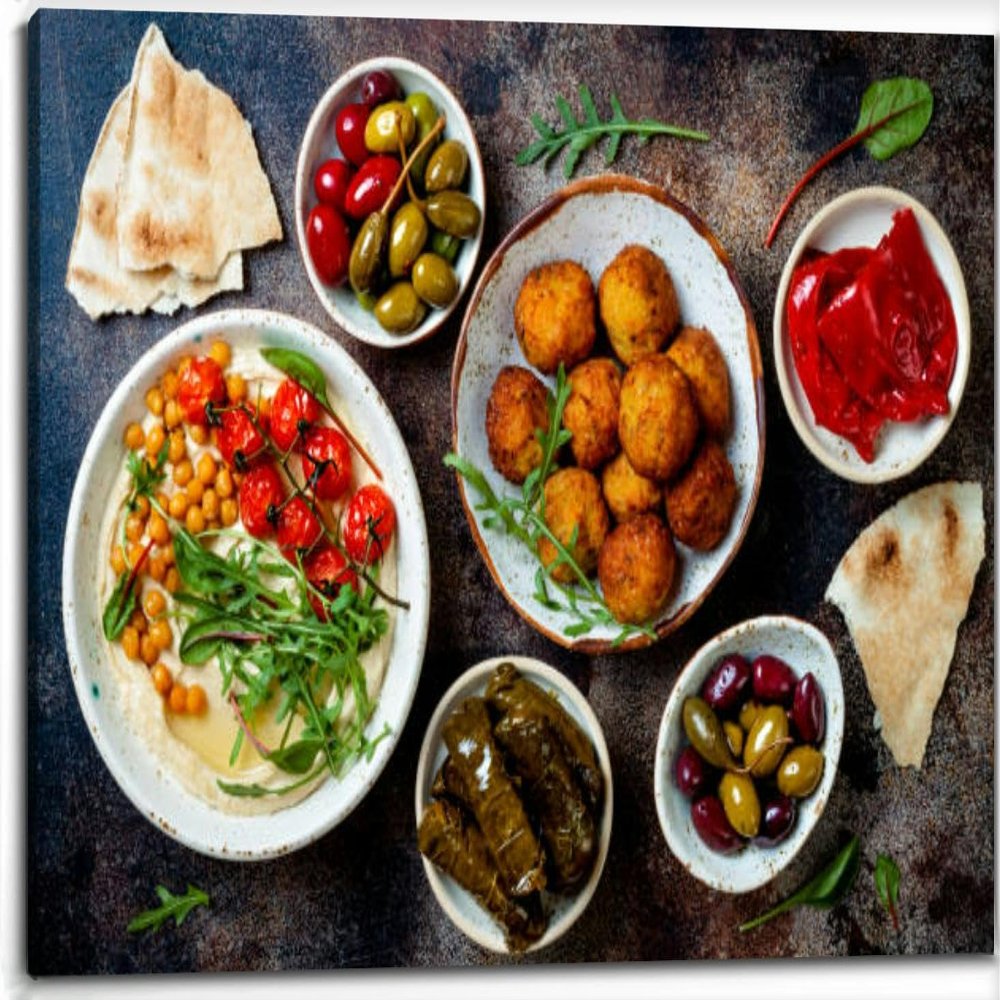 Homemade hummus roasted cherry tomatoes and pita bread Middle Eastern Canvas Wall Art Decor Paintings Pictures for Bedroom Wall Decor Above Bed Living Room Wall Decoration Bathroom Office Artwork