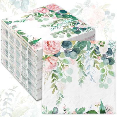 80Pcs Greenery Floral Paper Napkin Watercolor Flower Disposable Luncheon Napkin Spring Dinner Hand Napkin for Wedding Baby Shower, 6.5 x 6.5 Inch