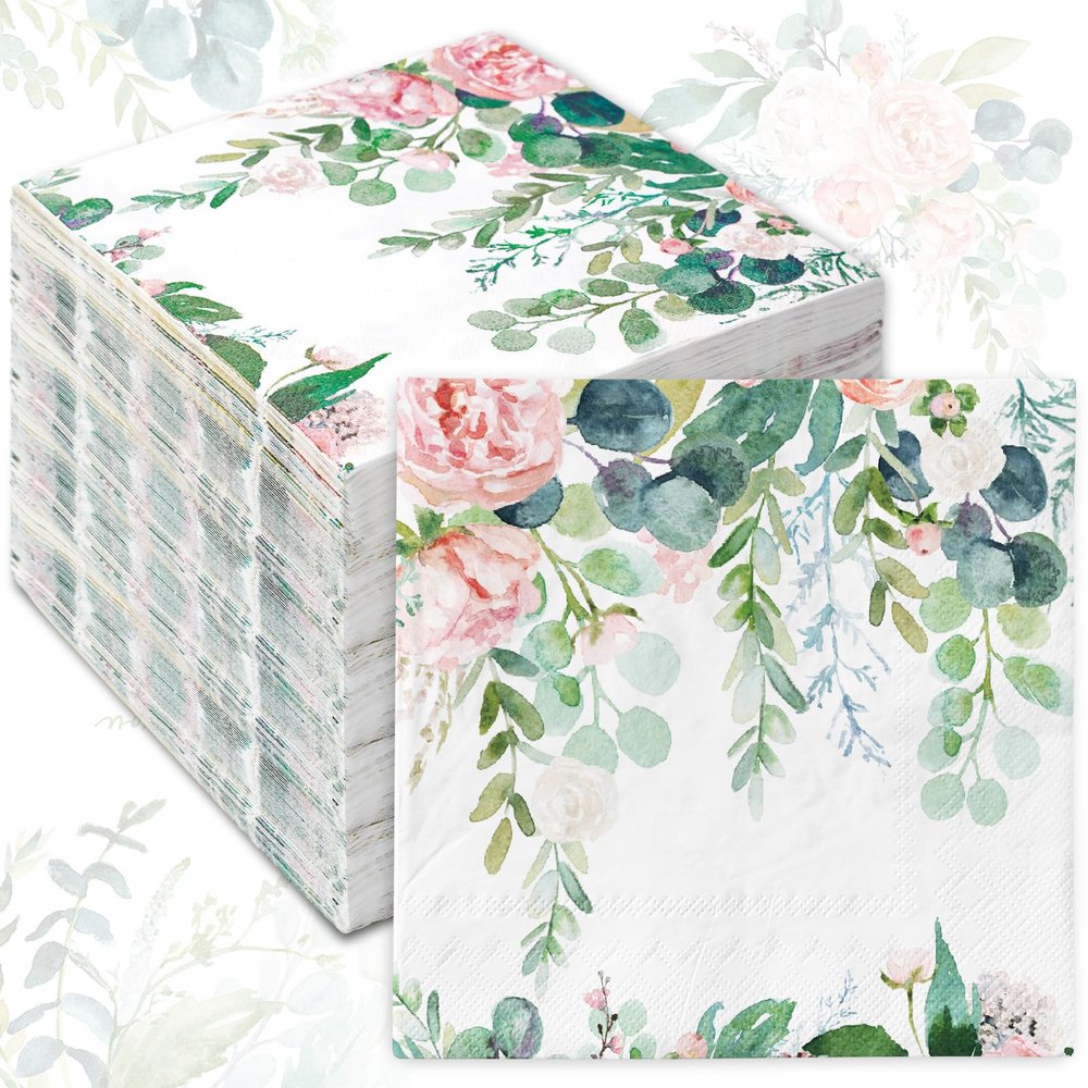 80Pcs Greenery Floral Paper Napkin Watercolor Flower Disposable Luncheon Napkin Spring Dinner Hand Napkin for Wedding Baby Shower, 6.5 x 6.5 Inch