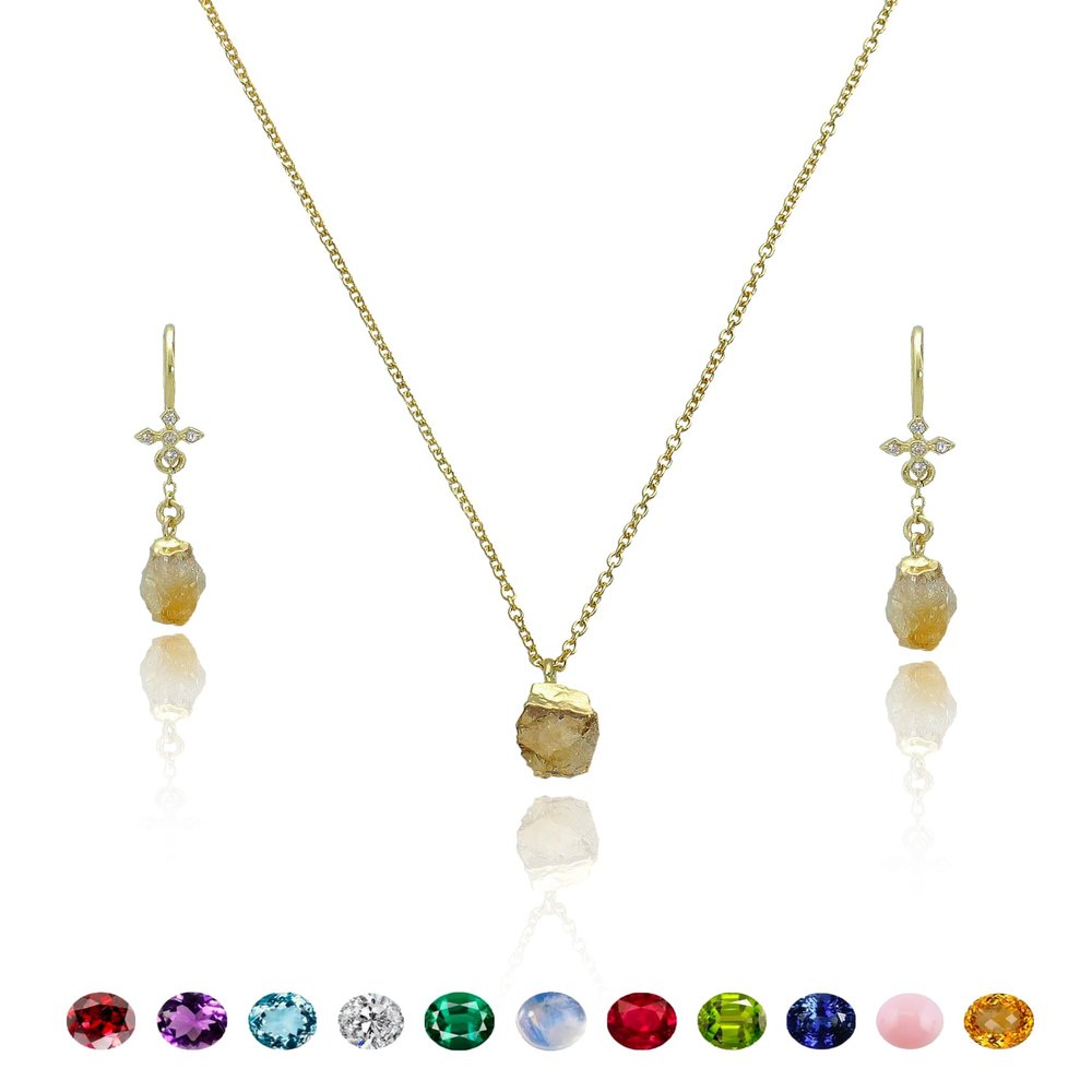 Citrine Necklace for Women - Authentic 925 Sterling Silver Necklace 18K Gold Vermeil Jewelry, Dainty Raw Pendant Earring Set Necklace, November Birthstone Gift for Mothers Day