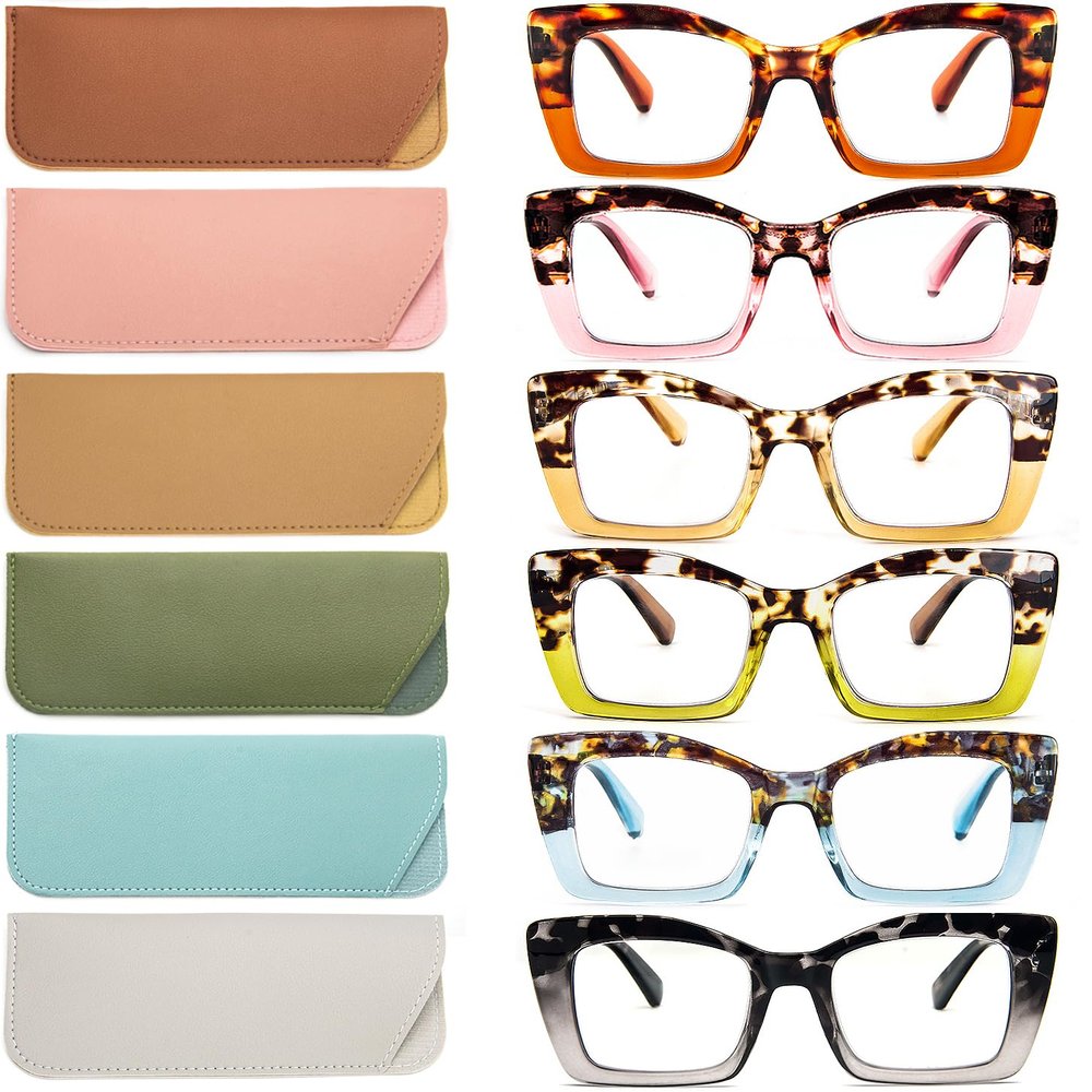 REAVEE 6 Pack Oversized Square Reading Glasses Oprah Style for Women, Blue Light Blocking Thick Large Frame Computer Designer Fashion Readers Spring Hinge with Leather Case,1.75