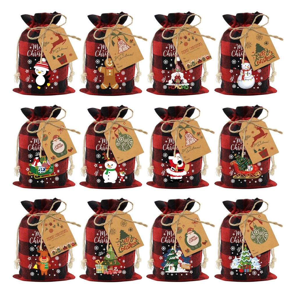 Aviski 120PCS Cotton Small Christmas Drawstring Candy Treat Bags Buffalo Plaid Xmas Xmas Christmas Fabric Goody Gift Sacks Reusable Gift Wrapping Bags Holiday Party Favors - Red/Black