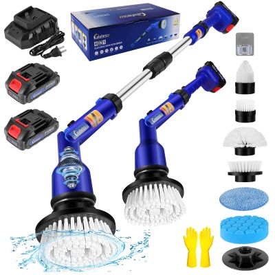 2 Batteries Electric Cleaning Brush for Bathroom, 1200RPM Power Cordless Spin Scrubber with 6 Replaceable Brush Heads and Telescopic Handle, 2 Speeds for Shower Bathtub Kitchen Window Car