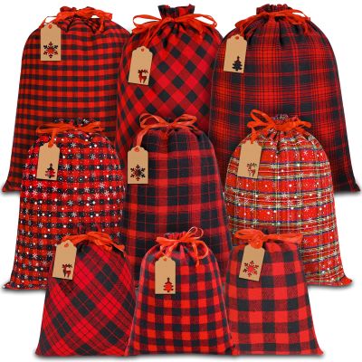 YUJUN 9PCS Christmas Drawstring Bags Cotton Buffalo Plaid Bags Sacks Xmas Red Black Wrapping Storage Bags with Kraft Tags for Christmas Candy Goodie Holiday party Favors(3 Sizes)