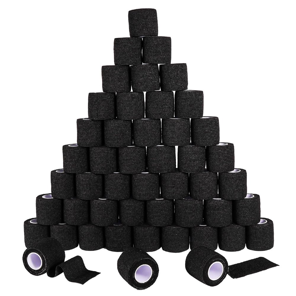 48 Pack 2 x 5 Yards Self Adhesive Bandage Wrap Athletic Elastic Breathable Cohesive Bandage Wrap Rolls for Stretch, Sports, First Aid, Wrist, Ankle Sprains, Swelling, Vet Wrap, Black