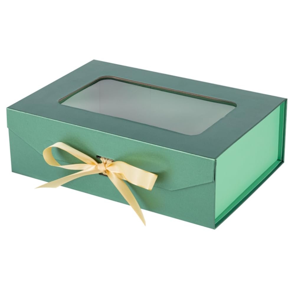 PLINJOY Green Gift Box for Presents with Ribbon 10.8x7.5x3.5 Inches Clear Gift Box with Window Magnetic Closure Gift Boxes with Lids