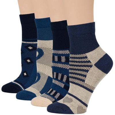 7BIGSTARS KINGDOM Women's Cotton Diabetic Patterned Quarter Socks - 4 Pack Medium - Seamless Heart Fashion- Sock Size 9-11 Shoe Size 5-9 M Dark Navy, Light Navy, Denim Blue, Ecru