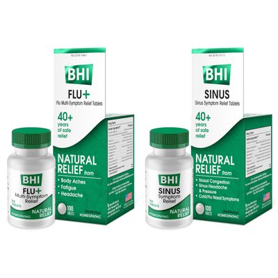 MediNatura BHI Cold, Flu, and Sinus Relief Bundle BHI Cold +Flu Multi-Symptom Relief Tablets (100) + BHI Sinus Natural Congestion Relief Tablets (100)