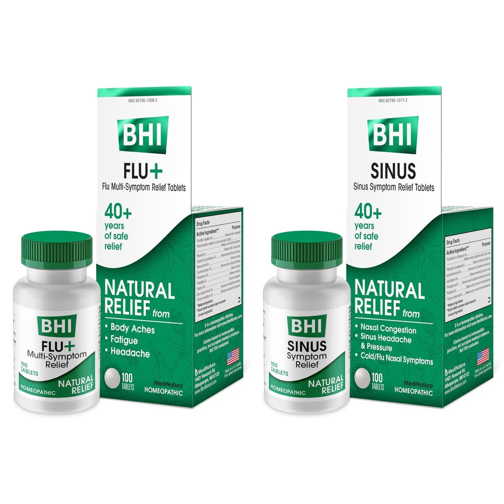 MediNatura BHI Cold, Flu, and Sinus Relief Bundle BHI Cold +Flu Multi-Symptom Relief Tablets (100) + BHI Sinus Natural Congestion Relief Tablets (100)