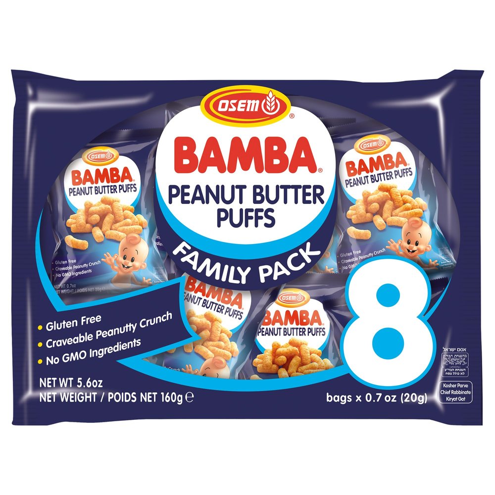 Osem Bamba Peanut Snacks for the Family - All Natural Peanut Puffs (Pack of 8) 0.7oz bags - Only 4 Ingredients - Peanut Butter Puffs made with 50% peanuts.