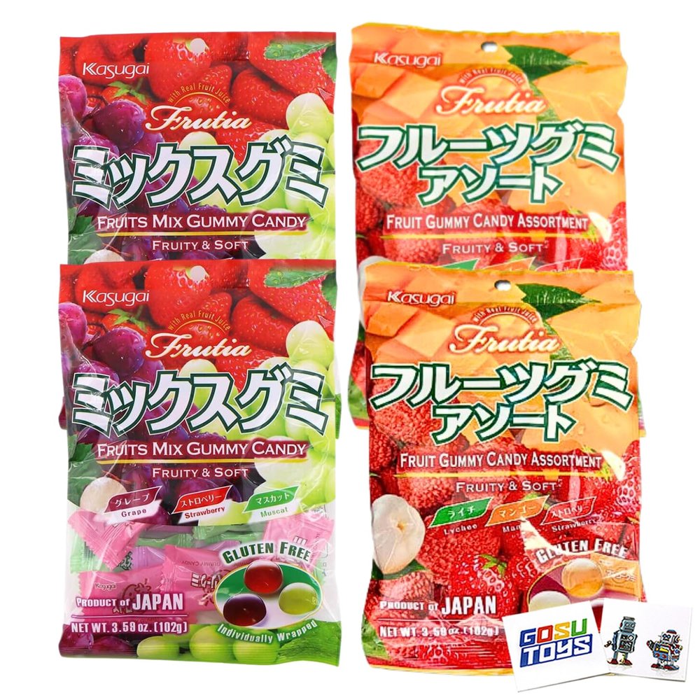 Kasugai Frutia Fruit Gummy Candy Assortment Fruity and Soft (4 Pack) Lychee, Mango, Strawberry and Grape, Strawberry, Muscat with 2 Gosutoys Stickers
