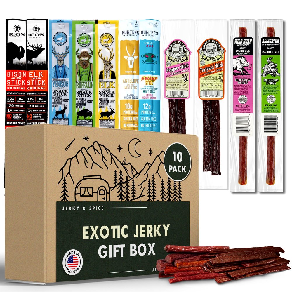 Jerky-n-Spice Exotic Beef Jerky Gift Box | Snacks Variety Pack for Adults | Exotic Meat Sticks Sampler | Jerky Gift Basket for Birthday & Any Occasions | Meat Bouquet Healthy Snack Box | 10 Pack