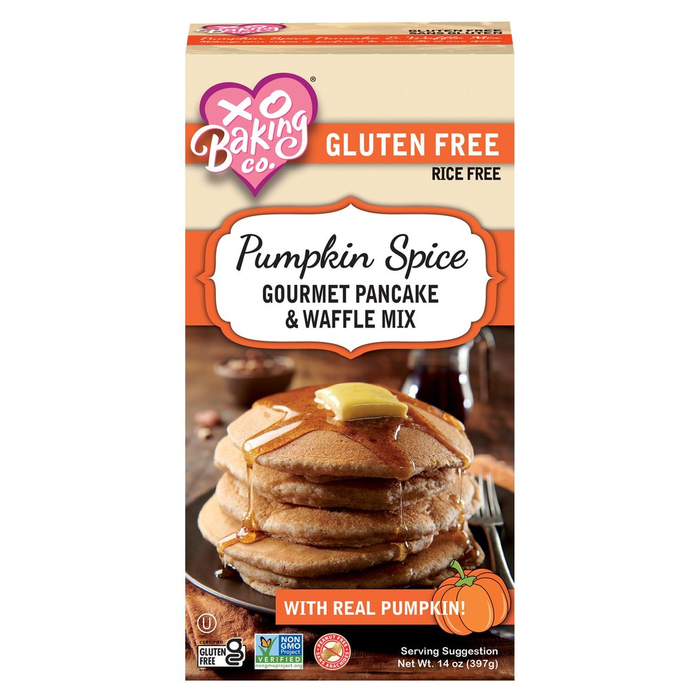 XO Baking Co. Gluten Free Pumpkin Spice Gourmet Pancake & Waffle Mix; Non-GMO; Kosher; Rice Free; Peanut Free; Soy Free; Dairy Free; No Preservatives; No Artificial Flavors or Colors, 14oz