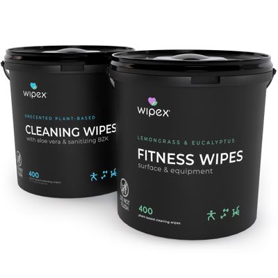 Wipex Fitness Wipes Bundle - Get 2 Buckets (1) Lemongrass Plant-Based Fitness Equipment Wipes & (1) Sanitizing BZK Bucket for Hands, Safe on Skin, Great for Home, Studios and Gyms, 400 Ct (Pack of 2)