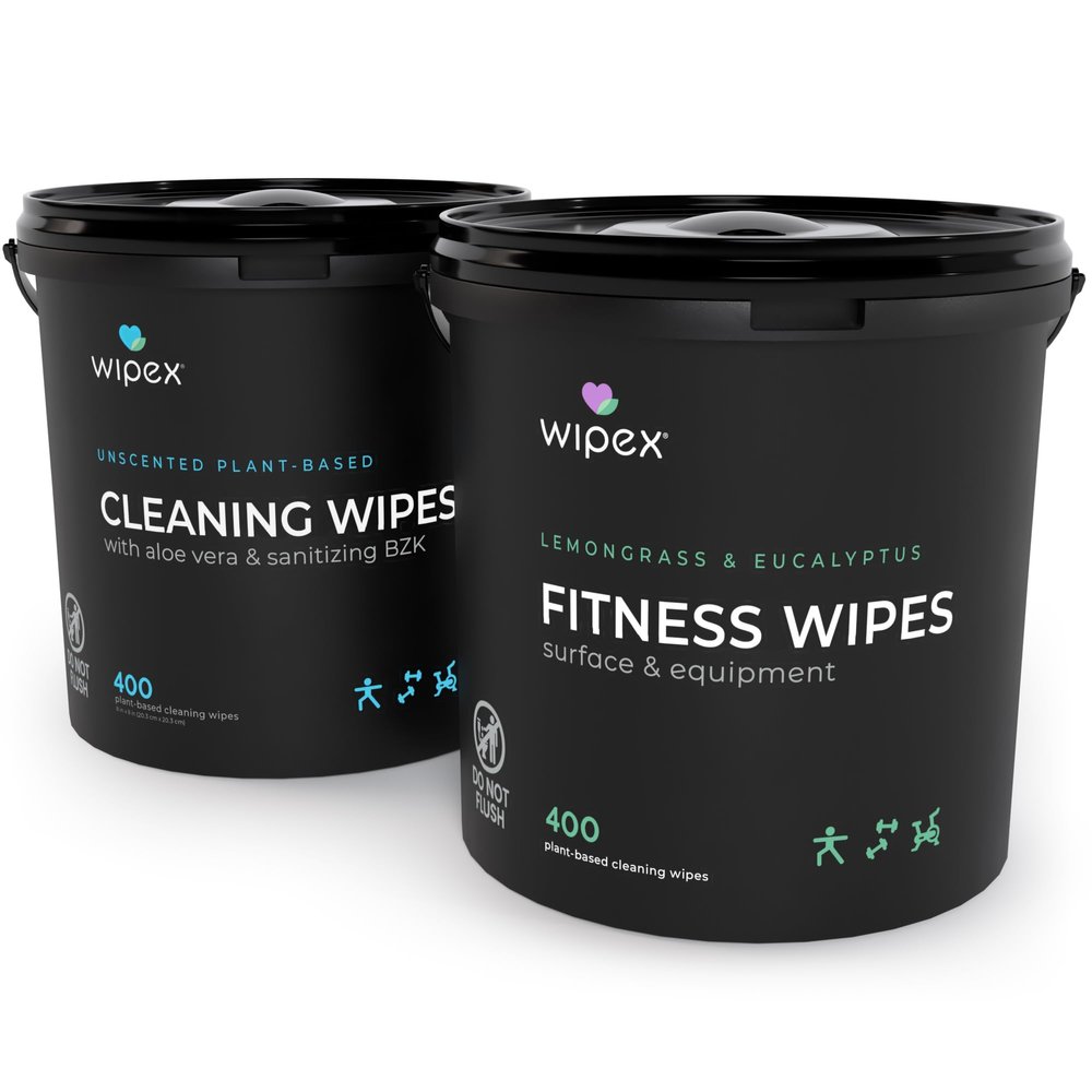 Wipex Fitness Wipes Bundle - Get 2 Buckets (1) Lemongrass Plant-Based Fitness Equipment Wipes & (1) Sanitizing BZK Bucket for Hands, Safe on Skin, Great for Home, Studios and Gyms, 400 Ct (Pack of 2)