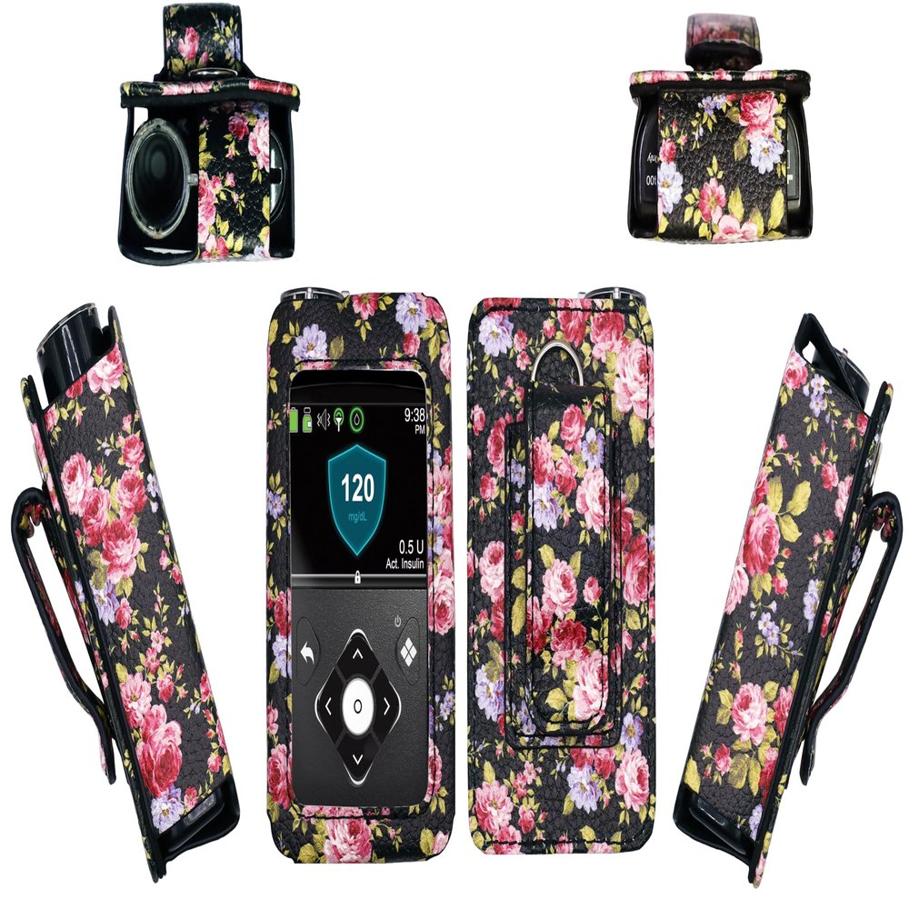 Premium Patterned Holster (with Belt Clip/Metal Loop/Lanyard) for Medtronic Minimed Insulin Pump 630G/ 640G/ 670G/770G/780G (All Model) (Black-Peony)