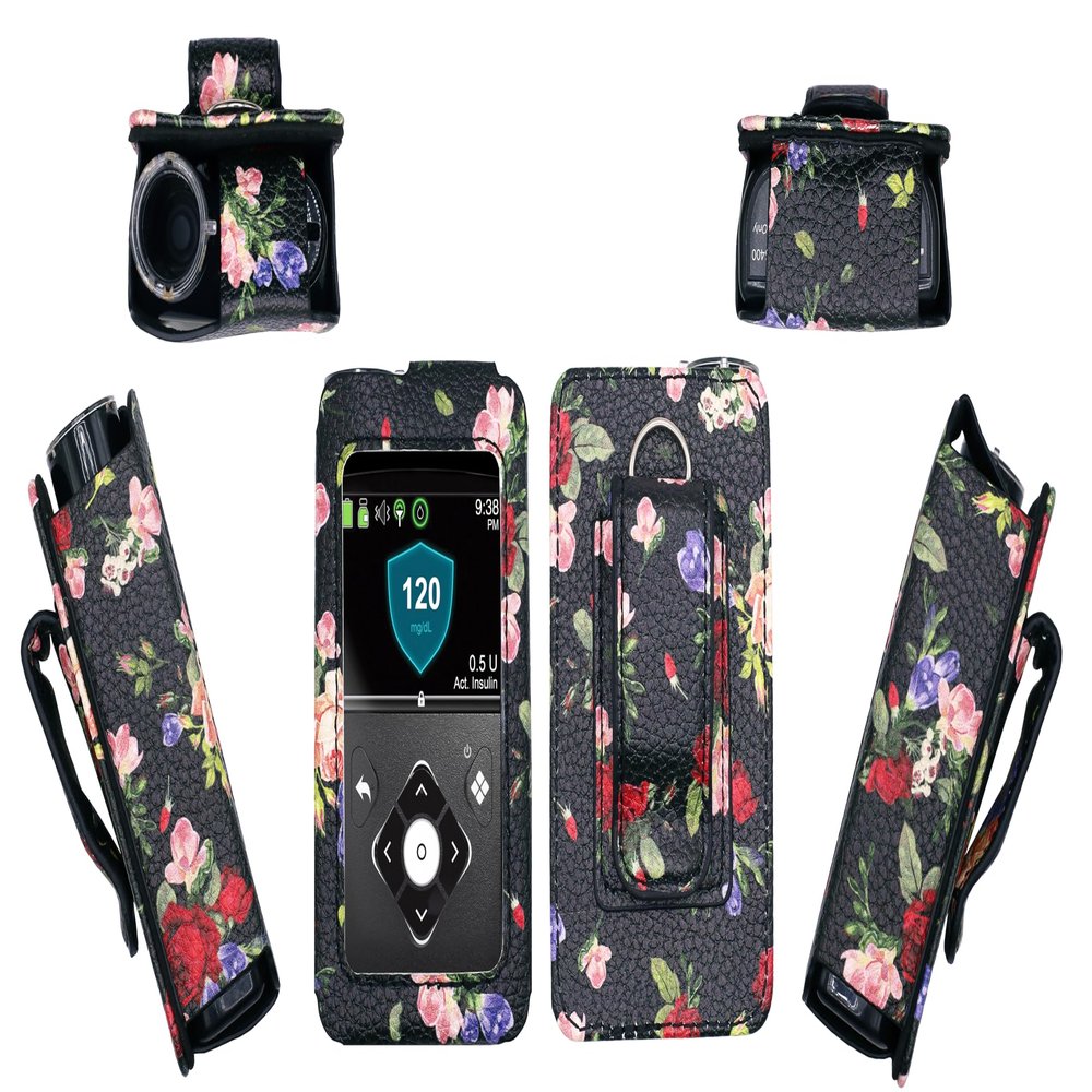 usastar-SNK Premium Patterned Holster (with Belt Clip/Metal Loop/Lanyard) for Medtronic Minimed Insulin Pump 630G/ 640G/ 670G/770G/780G (All Model) (Black-RoseA)