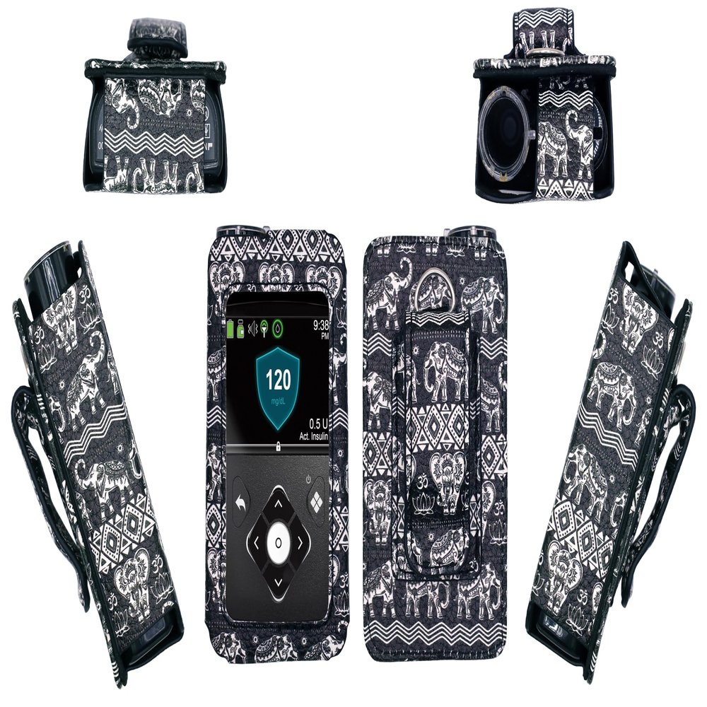 Premium Patterned Holster (with Belt Clip/Metal Loop/Lanyard) for Medtronic Minimed Insulin Pump 630G/ 640G/ 670G/770G/780G (All Model) (Black-Elephant Totem)