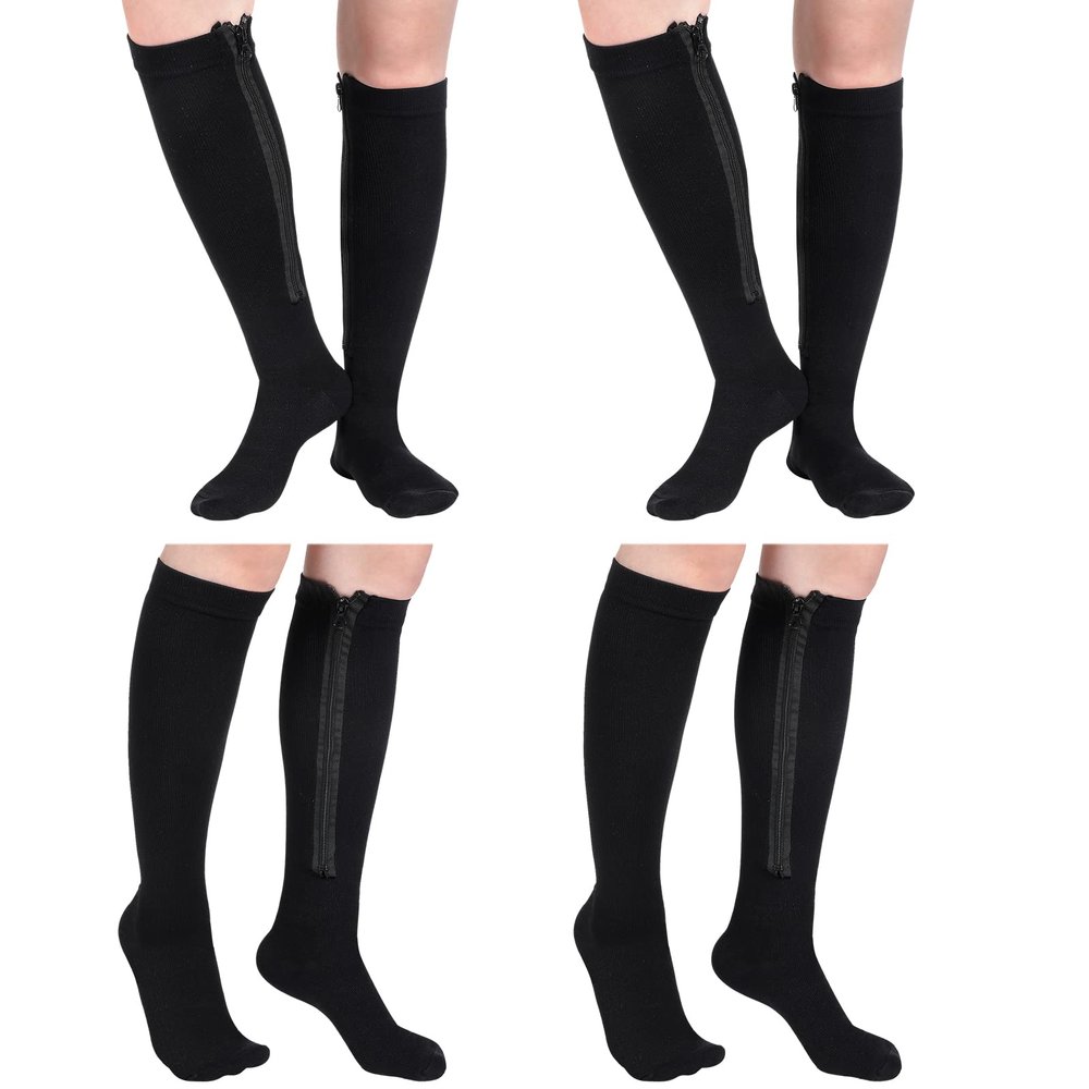 Tarpop 4 Pair Zipper Compression Knee High Edema Sock, S/ M, Black