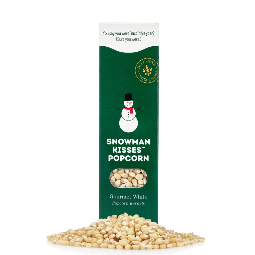 Snowman Kisses Gourmet Popcorn Kernels by Dell Cove Spices - Unique Christmas Stocking Stuffer Gift - Ideal for Stovetop, Popcorn Machines and Popcorn Makers, One Pound