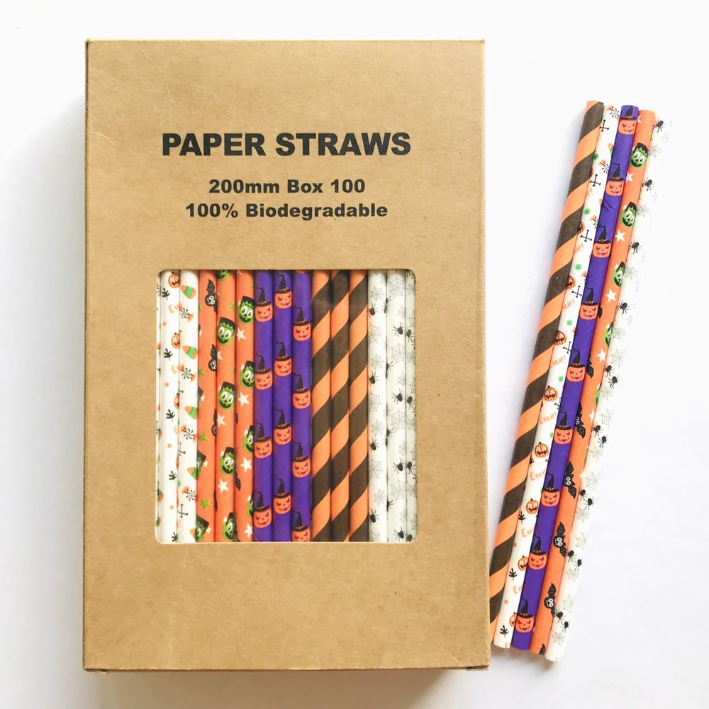 100 pcs Mixed Halloween Paper Straws Bulk, Black Orange Purple White Green Skull Bat Spider Witch Pumpkin Ghost Cobweb Party Drinking Straws Bulk, Kids Cute Fun Cake Pop Sticks (Hocus Pocus)