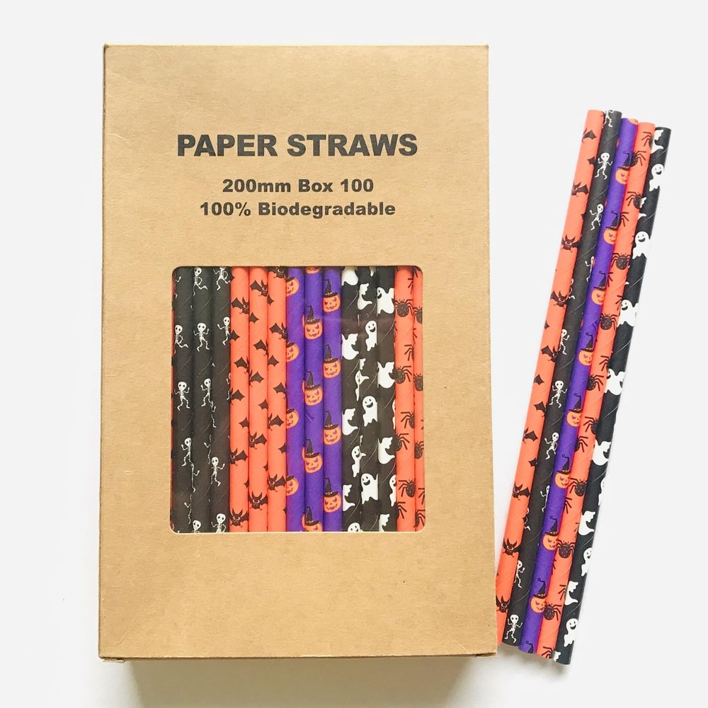 100 pcs Mixed Halloween Paper Straws Bulk, Black Orange Purple White Green Skull Bat Spider Pumpkin Ghost Cobweb Skeleton Party Drinking Straws Bulk, Kids Cute Juice Cake Pop Sticks (Halloween Fun)