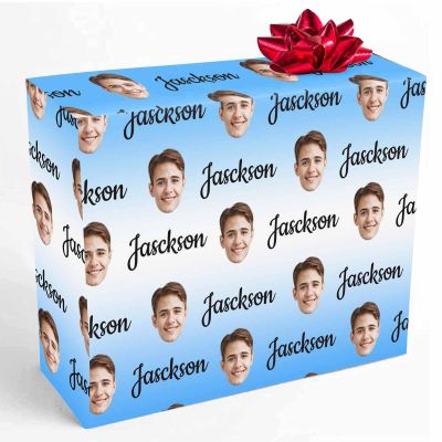InterestPrint Custom Gift Wrapping Paper from Mom Dad, Blue and White Paper for Gift Wrap Personalized Face Wrapping Paper Roll for Granddaughter Grandson 3 Roll