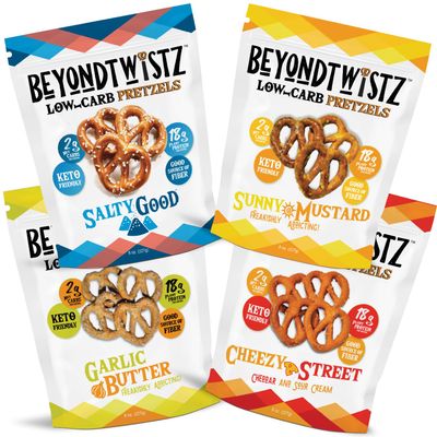 BeyondTwistz Low Carb Pretzels, Ultimate Sampler Pack, Keto Friendly, 2g Net Carbs, 18g Protein, Powered By HealthSense High Fiber Wheat Flour, Family Size 8oz Bag, Pack of 4