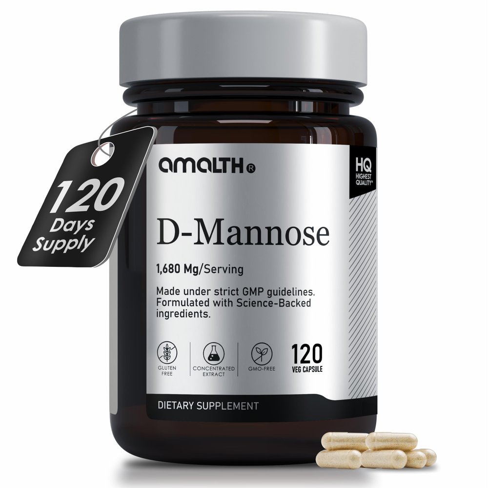 AMALTH D-Mannose Capsules 1680 mg per Serving, 120 Vegan Capsules, Pure Single Ingredient Mannose Supplement, Urinary Tract Support, UTI Wellness Support, Non GMO, Gluten Free