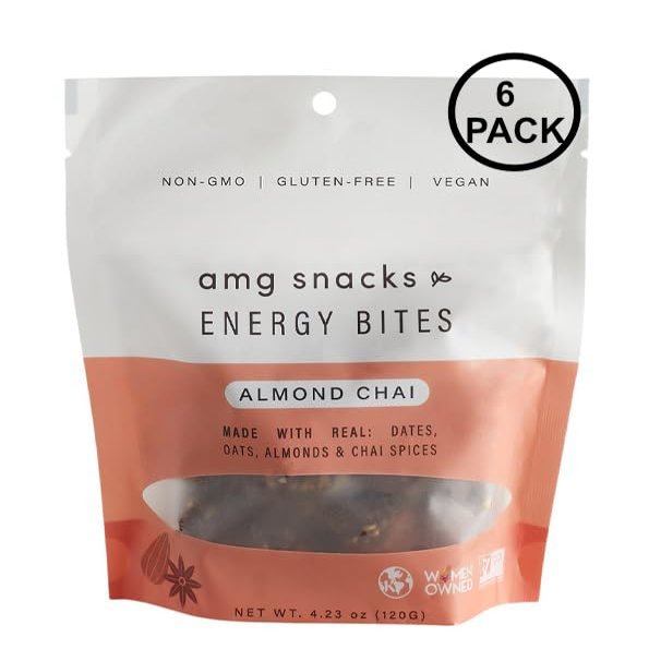 AMG Snacks Almond Chai Energy Bites | 4.3 oz, Pack of 6 (72 Bites Total) | Date and Nut Energy Snacks Protein Bars | Non GMO, Gluten Free, Vegan Protein Bites | Made with All Natural Ingredients