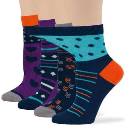 7BIGSTARS KINGDOM Women's Cotton Diabetic Quarter Pattern Fancy Socks - 4 Pack Medium - Seamless - Polka Dot - Heart - Sock Size 9-11 Shoe Size 5-9 M Dark Navy, Purple, Grey, Blue, Orange