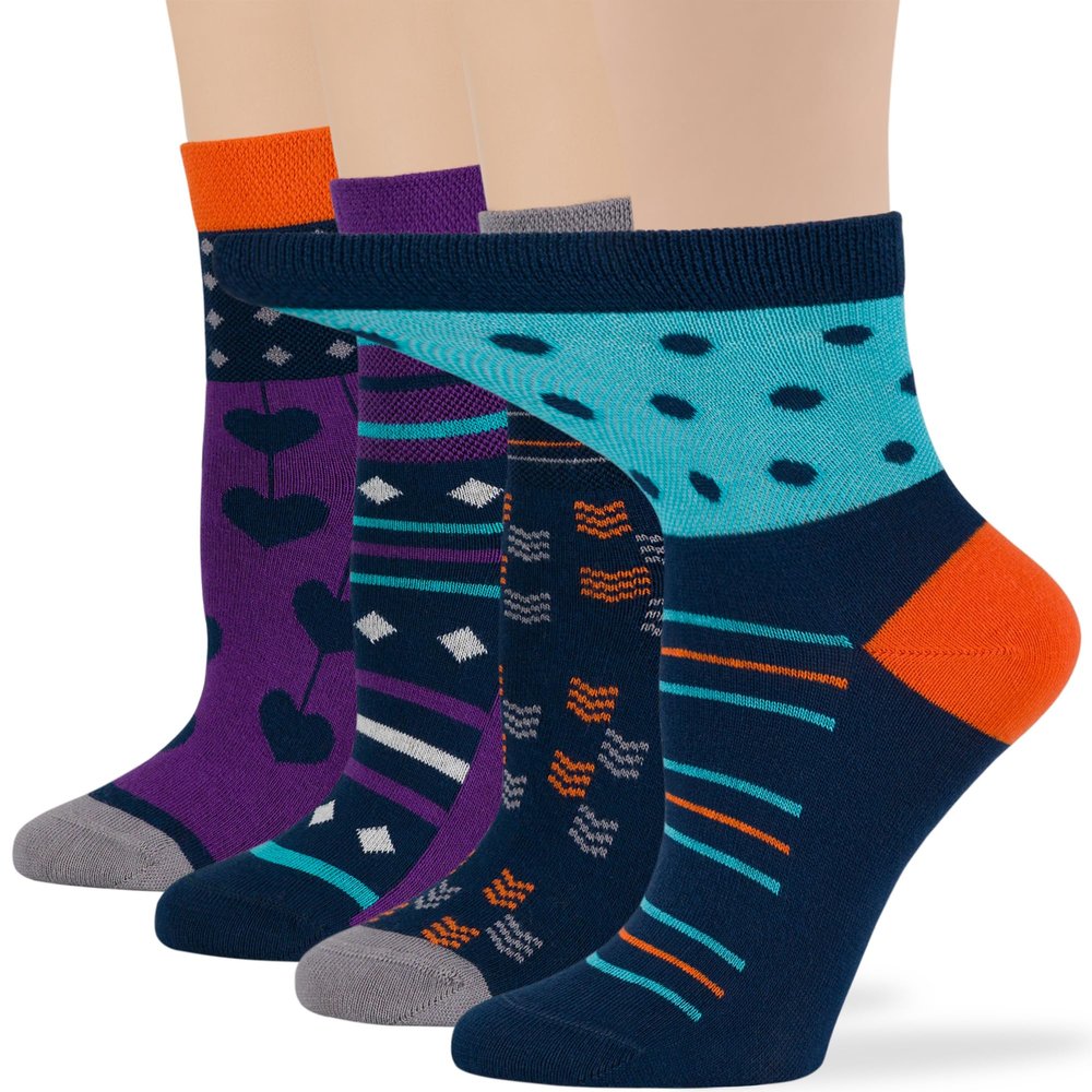 7BIGSTARS KINGDOM Women's Cotton Diabetic Quarter Pattern Fancy Socks - 4 Pack Medium - Seamless - Polka Dot - Heart - Sock Size 9-11 Shoe Size 5-9 M Dark Navy, Purple, Grey, Blue, Orange