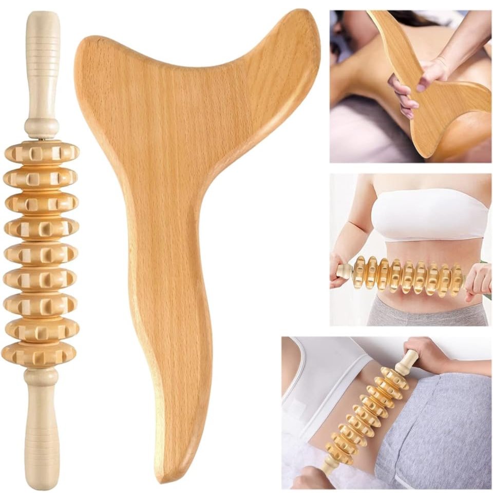 2 in 1 Wooden Lymphatic Drainage Tool Kit - Wooden Therapy Massage Tools with Travel Bag - Wooden Gua Sha Anti Cellulite Massage Tool - Wood Therapy Massage Kit for Release Legs, Back, Neck, Arms