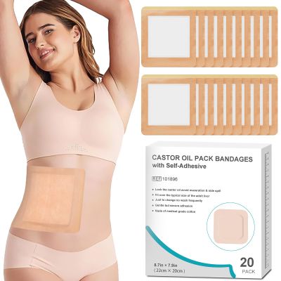 20Pcs Castor Oil Pack Wrap for Liver, Stomach, Belly Button | 8.7"*7.9" Organic Cotton Pads | Highly Absorbent Self-Adhesive Disposable Patches | No Wash, 100% Leak-Free(Oil Not Included) US Patented