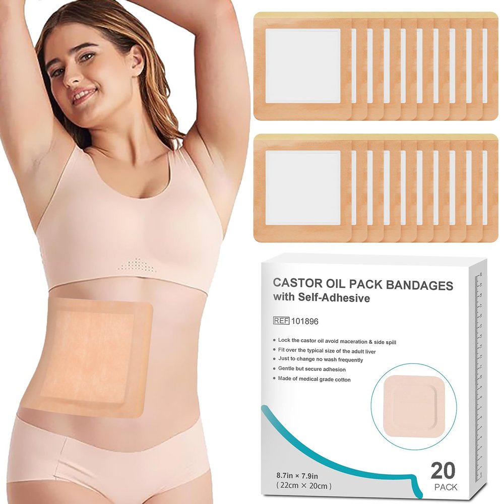 20Pcs Castor Oil Pack Wrap for Liver, Stomach, Belly Button | 8.7"*7.9" Organic Cotton Pads | Highly Absorbent Self-Adhesive Disposable Patches | No Wash, 100% Leak-Free(Oil Not Included) US Patented