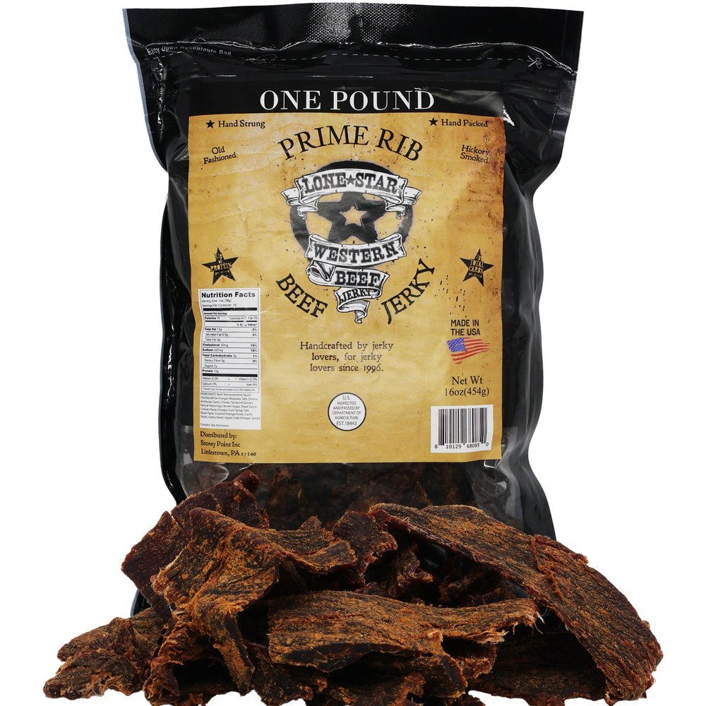Lone Star Prime Rib Flavored Beef Jerky - 1 Pound Resealable Bag - Hickory Smoked Handcrafted Flavor - High Protein Healthy Meat Snack