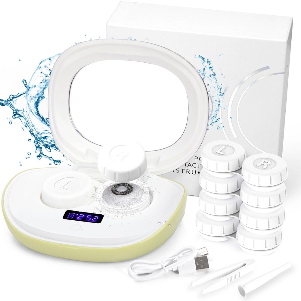 ANKUNABA Contact Lens Cleaner, Portable Ultrasonic Contact Lens Cleaning Machine with USB Charger, LED Timer Display & 5 Contacts Solution Cases Kit for Soft Hard Colored RGP Lenses (Avocado Green)