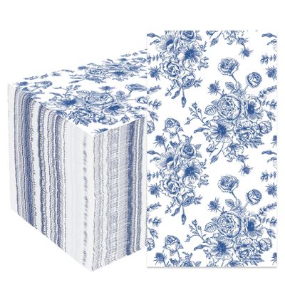 50 Pack Blue Floral Paper Napkins Blue Flower Guest Napkin Disposable 3 Ply Decorative Floral Hand Towels Dinner Napkins for Bridal Shower Baby Shower Wedding Birthday Dinner Party Supplies