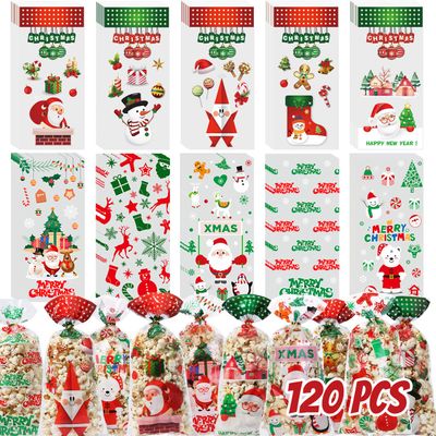 120PCS Christmas Cellophane Gift Bags with Twist Ties, 10 Designs Christmas Treat Bags Bulk Party Supplies, Clear Xmas Candy Goodies Bags Party Favors Bags
