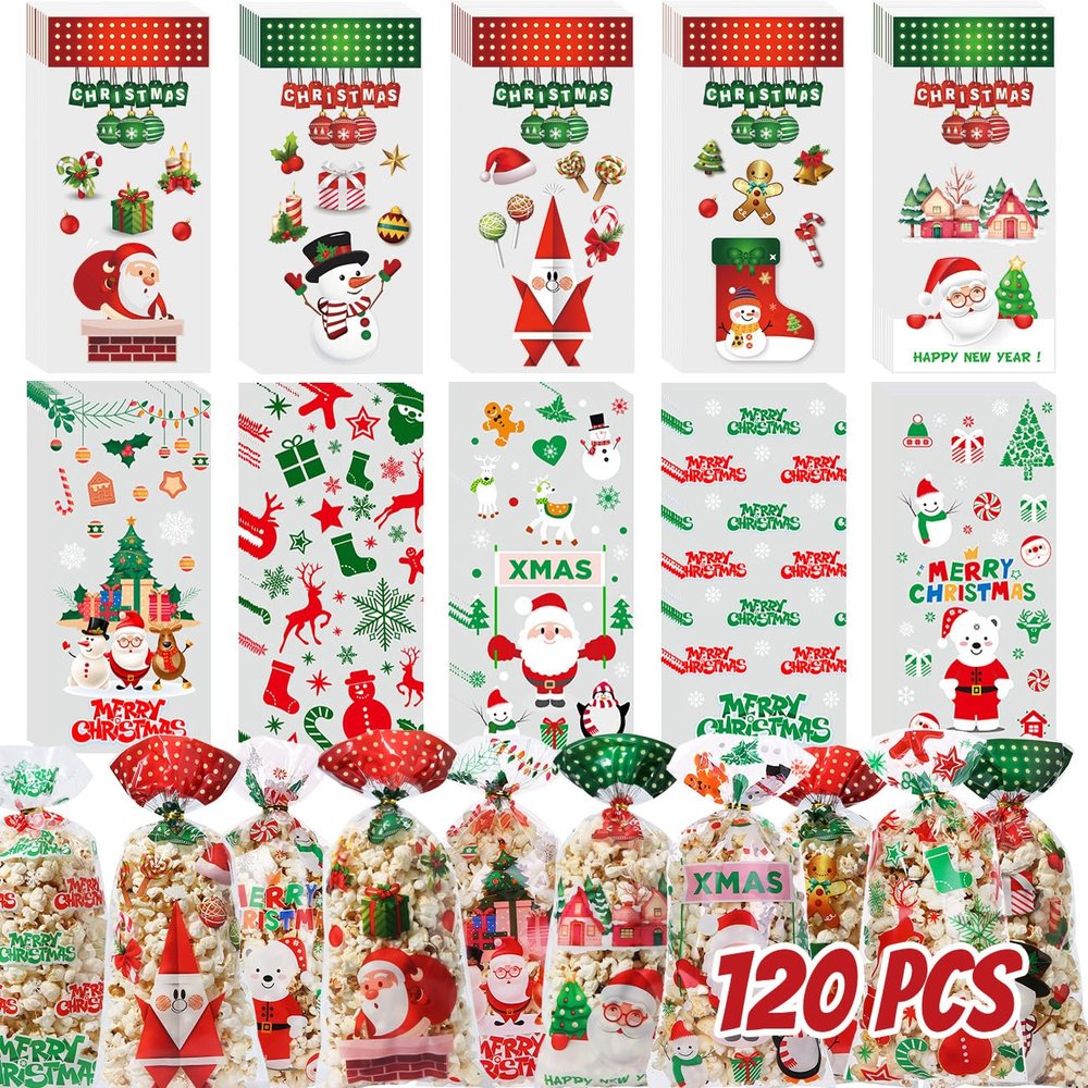 120PCS Christmas Cellophane Gift Bags with Twist Ties, 10 Designs Christmas Treat Bags Bulk Party Supplies, Clear Xmas Candy Goodies Bags Party Favors Bags